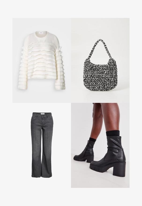 Hvid, struktureret sweater med lagdelte flæser langs kroppen og ærmerne. Rund halsudskæring og cropped design. Blødt stof og løs pasform.; Bredde ben jeans i mørkegrå denim. Har høj talje, traditionelt fem-lomme design og en ren kanten uden udsmykning.; Sorte læder ankelstøvler med et slouchy design, tykkelhøj hæl og tekstureret gummisål. Har en lynlås lukning på siden.; Vævet håndtaske i sort og hvid med en rund form, tekstureret overflade og et fletet håndtag. Velegnet til afslappet brug.
