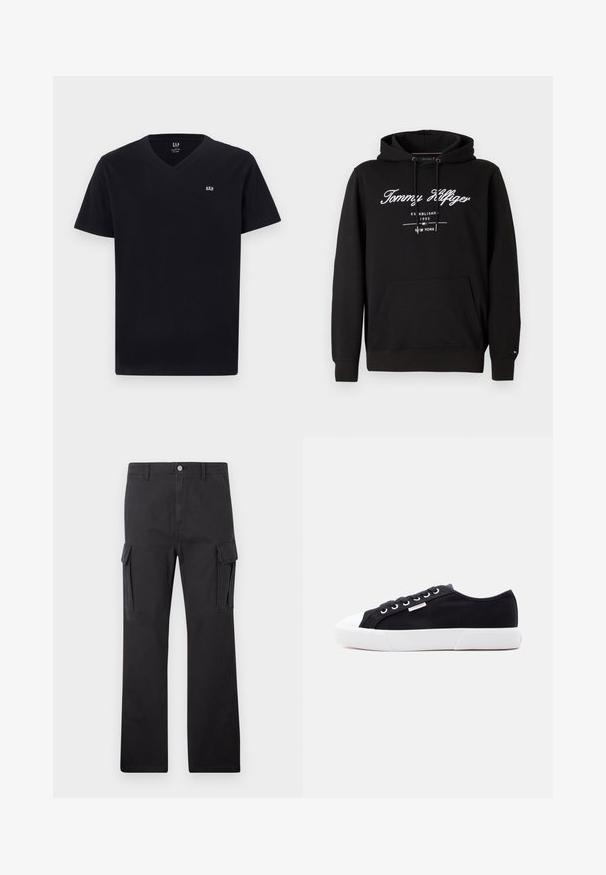 Sudadera con capucha negra de algodón, con bolsillo frontal, cordones y texto de logo blanco que incluye la fecha de fundación y detalles de ubicación.; Camiseta de algodón negra con escote en V, mangas cortas y un pequeño logo bordado en blanco en el pecho izquierdo. Textura suave, corte clásico.; Tommy Jeans OTIS HERRINGBONE PANTS - Pantalones cargo - black; Zapatilla negra baja de lona con suela y puntera de goma blanca, ojales metálicos y una pequeña etiqueta con el logo de Calvin Klein en el lateral.