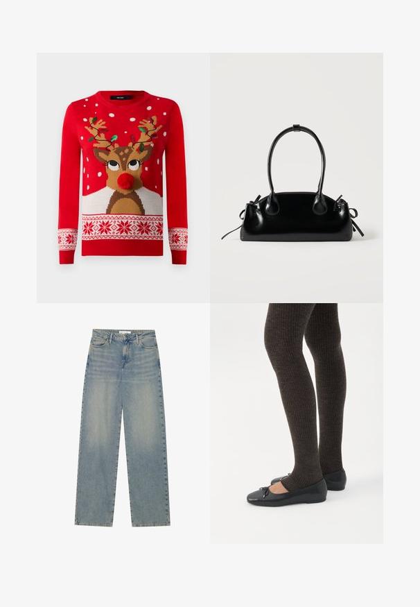 Rød julesweater med rensdyransigt, pom-pom næse, gevir dekoreret med grønne og røde lyskæder og hvide snefnugsmønstre.; Lyseblå højtaljede lige ben jeans i denim med forlommer, bæltestropper og synlig knap- og lynlåslukning.; Ben iført mørke ribbede leggings kombineret med sorte balletsko med små sløjfedetaljer på hvid baggrund.; Lille sort blank håndtaske med to lange håndtag og snøre-detaljer i siden på en ensfarvet lys baggrund.