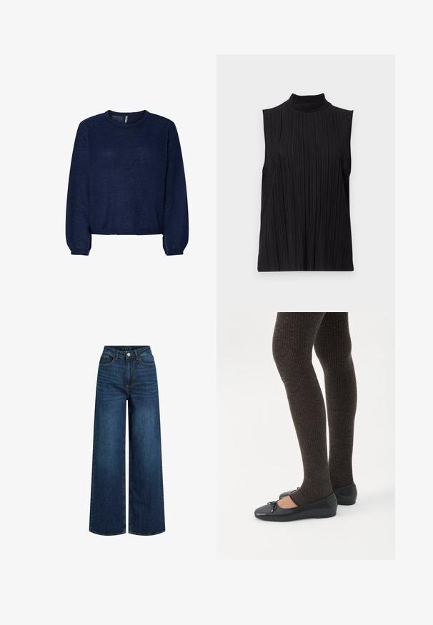 Suéter de punto azul marino con cuello redondo, mangas largas y dobladillo recortado. Textura suave, sin patrones ni adornos visibles.; Top negro sin mangas con cuello alto, que presenta una textura de pliegues verticales. La tela parece suave con un ligero brillo.; Jeans de pierna ancha hechos de denim azul oscuro con una cintura alta, que cuentan con cierre de cremallera, bolsillos frontales y detalles de costura visibles.; Piernas con leggings oscuros acanalados combinados con bailarinas negras que presentan pequeños detalles de lazo sobre un fondo blanco.