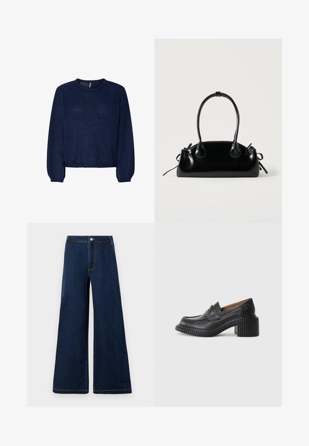 Marineblå strikket sweater med rund halsudskæring, lange ærmer og cropped kant. Blød tekstur, ingen synlige mønstre eller udsmykninger.; Bredde denim jeans i mørkeblå med guld sting, der har en frontknap og lynlåslukning samt et klassisk fem-lomme design.; Sorte læderloafers med en tyk, rillede gummihæl. Har en rund tå og et vandret rem over vamps. Tekstureret sål.; Lille sort blank håndtaske med to lange håndtag og snøre-detaljer i siden på en ensfarvet lys baggrund.
