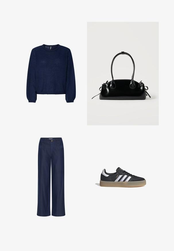 Suéter de punto azul marino con cuello redondo, mangas largas y dobladillo recortado. Textura suave, sin patrones ni adornos visibles.; ICHI IHFlared - Vaqueros a campana - dark blue; Zapatilla deportiva de cuero negro con tres rayas plateadas, punta texturizada y suela de goma. Cuenta con un collar acolchado y un diseño con cordones.; Pequeño bolso negro brillante con dos asas largas y detalles de cordón lateral sobre un fondo claro liso.