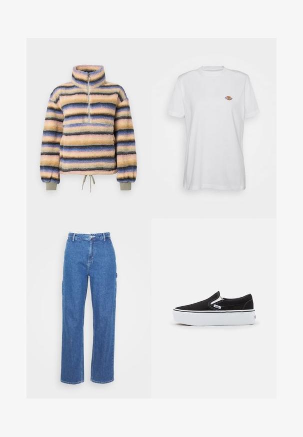 Fleece pullover med høj hals, med vandrette striber i pastelpink, blå, grå og sort. Inkluderer en kort lynlås og snoretræk i kanten.; Hvid bomulds t-shirt med rund hals og korte ærmer, med et lille, farverigt "Diesel" logo broderet på brystet.; Blå denim bukser med høj talje og lige ben, der har en frontknaplukning og sidelommer. Glat tekstur uden synlige mønstre.; Sorte canvas slip-on sko med en hvid gummi sål, der har elastiske sidelåg og kontrasterende syninger. Brandlogo synligt på siden.