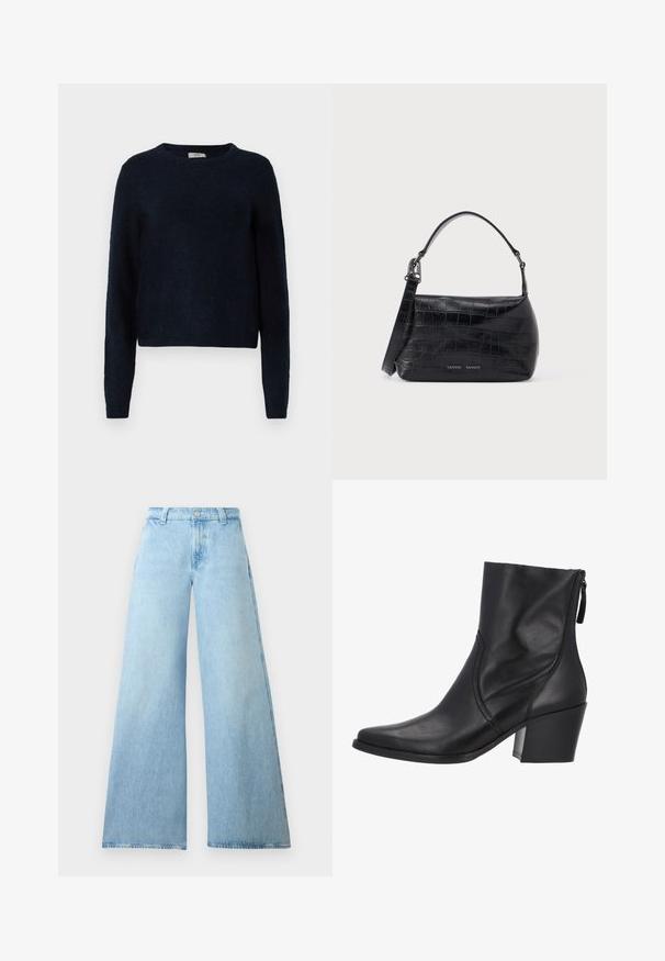 Mørkeblå strikket sweater med lange ærmer, rund halsudskæring og tekstureret stof. Har en afslappet pasform og ribbede manchetter og kant.; Lysblå brede jeans lavet af denim med høj talje, der har en knaplukning og fem lommer. Glat tekstur med en afslappet silhuet.; Sort ankelstøvle lavet af glat læder med en spids tå, lynlås i siden og en chunky hæl. Enkel syning tilføjer detaljer.; Sort skuldertaske i krokodillepræget læder med øverste håndtag og logo trykt på forsiden.