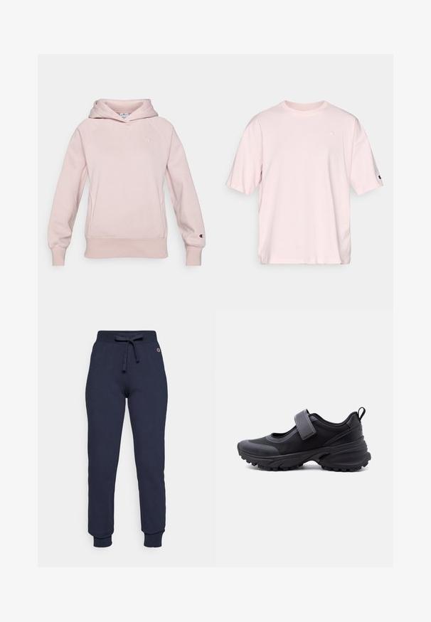 Sudadera de color rosa claro hecha de tejido suave, con un bolsillo frontal, mangas raglán y un logo en el pecho y la manga. Cuenta con una capucha con cordón.; Camiseta de algodón rosa claro con mangas cortas. Presenta un logo sutil en el pecho y un detalle de logo contrastante en la manga.; Pantalones de chándal azul marino hechos de una mezcla de algodón, con una cintura ajustable con cordón, puños acanalados y un pequeño logo en la cadera.; Zapatilla deportiva negra con suela robusta, tira ajustable en la parte superior y lengüeta en el talón, mostrada de perfil sobre un fondo blanco.