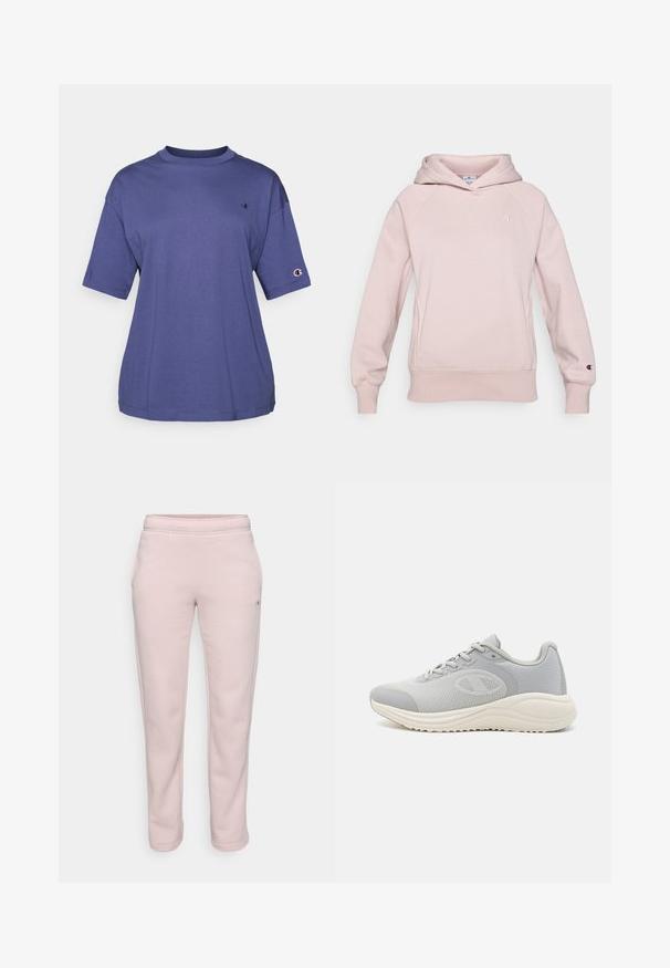 Sudadera de color rosa claro hecha de tejido suave, con un bolsillo frontal, mangas raglán y un logo en el pecho y la manga. Cuenta con una capucha con cordón.; Camiseta de algodón morada de cuello redondo y manga corta, que presenta un pequeño logo en el pecho y un parche del logo en la manga.; Pantalones de chándal rosa claro hechos de una tela suave, con un corte holgado, cintura elástica y bolsillos laterales. Sin patrones visibles ni piezas metálicas.; Zapatillas deportivas grises con parte superior de malla, cierre de cordones y suela blanca moldeada; presentan un patrón texturizado y un acento de logo.