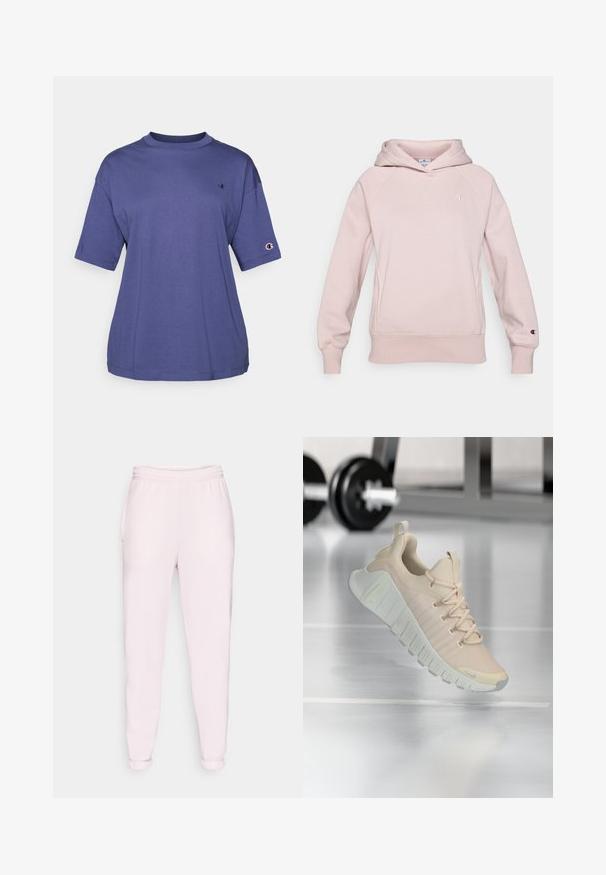 Sudadera de color rosa claro hecha de tejido suave, con un bolsillo frontal, mangas raglán y un logo en el pecho y la manga. Cuenta con una capucha con cordón.; Camiseta de algodón morada de cuello redondo y manga corta, que presenta un pequeño logo en el pecho y un parche del logo en la manga.; Pantalones deportivos de color rosa claro con cinturilla ajustable, bolsillos laterales y puños elásticos. Fabricados en una tela suave y elástica.; Zapatilla ligera de color beige suave. Cuenta con una parte superior texturizada, cordones planos y una suela gruesa con estrías y sutiles detalles de marca.