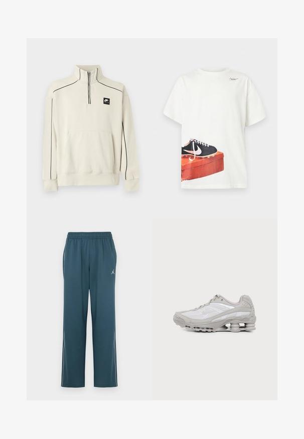 Sweat-shirt beige clair avec un col demi-zip, des coutures décoratives noires et une poche avant, arborant un logo Nike Air noir sur la poitrine.; T-shirt blanc à manches courtes avec une chaussure de football Nike noire imprimée sur une boîte à chaussures rouge usée près de l'ourlet et un petit logo près de l'encolure.; Pantalon de sport bleu sarcelle foncé avec une taille élastique, deux poches latérales, des bandes blanches sur les côtés et un petit logo sur la cuisse gauche.; Baskets de sport grises et blanches avec semelle à coussin d'air visible et panneaux en mesh, présentées de profil sur un fond clair uni.