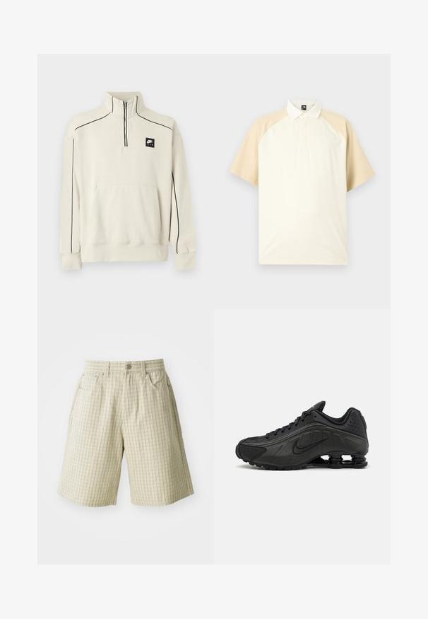 Lichtbeige sweatshirt met een halve ritssluiting bij de kraag, zwarte contraststiksels en een voorzak, met een zwart Nike Air-logo op de borst.; Polo met korte mouwen met beige raglanmouwen, crèmekleurig lichaam en een kraag met knopen, op een neutrale grijze achtergrond.; Beige geruite shorts van lichtgewicht stof, met twee zijzakken, een knoopsluiting en een ontspannen pasvorm.; Zwarte hardloopschoenen met een glad bovenwerk van synthetisch materiaal, geperforeerde accenten, gestructureerde zijpanelen en een opvallende veerkrachtige zool.