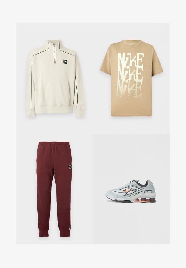 Lichtbeige sweatshirt met een halve ritssluiting bij de kraag, zwarte contraststiksels en een voorzak, met een zwart Nike Air-logo op de borst.; Beige Nike T-shirt met korte mouwen met overlappend grote witte "NIKE" tekst en kleine "NIKE INC." en "OREGON, USA" onderaan.; Bordeauxrode trainingsbroek met een hexagonaal Nike-logo, elastische tailleband, twee zijzakken en witte zijkanten. Geweven stof met een tapered leg ontwerp.; Lichtgrijze hardloopschoen met zwarte accenten, oranje logo, bovenwerk van mesh, gevoerde kraag en rubberen zool met zichtbare schokabsorberende elementen.