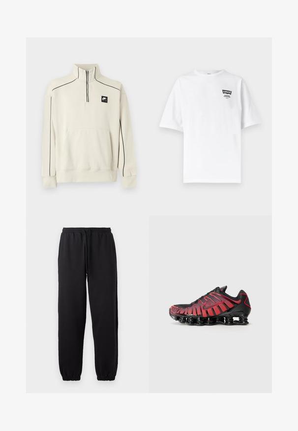 Lysebeige sweatshirt med halv lynlås krave, sort kontrastsyning og en frontlomme, med en sort Nike Air-logo på brystet.; Hvid Levi's t-shirt med korte ærmer og lille sort logo samt teksten "Levi's Freshness Guaranteed" på øverste venstre bryst.; Sorte joggingbukser lavet af blødt stof, med elastisk talje og justerbar snor, samt manchetter ved bunden.; Sorte og røde atletik sko har en mesh-overdel med lodrette striber og en polstret krave, understøttet af en særpræget, segmenteret sål.