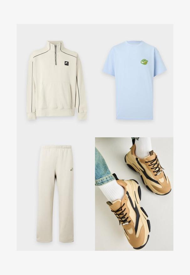 Sweat-shirt beige clair avec un col demi-zip, des coutures décoratives noires et une poche avant, arborant un logo Nike Air noir sur la poitrine.; T-shirt bleu clair à manches courtes avec un petit logo circulaire vert, comportant un texte blanc et orange, situé sur le côté gauche de la poitrine.; Pantalon de survêtement beige à taille élastique avec jambes droites et petit logo Nike vert et noir sur le haut de la cuisse gauche.; Steve Madden POSSESS - Baskets basses - khaki