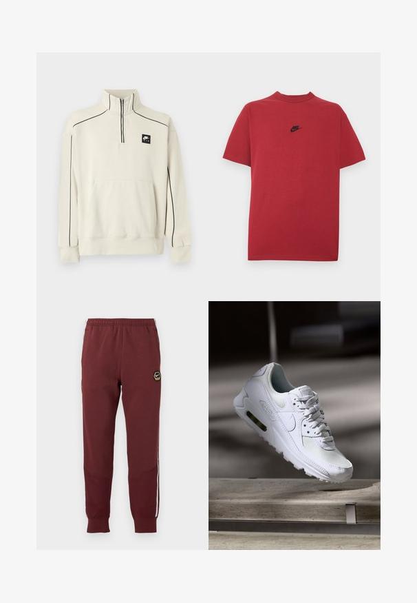 Lichtbeige sweatshirt met een halve ritssluiting bij de kraag, zwarte contraststiksels en een voorzak, met een zwart Nike Air-logo op de borst.; Rood katoenen T-shirt met een zwart Nike-logo op de borst, korte mouwen, een ronde halslijn en een normale pasvorm. Gladde textuur.; Bordeauxrode trainingsbroek met een hexagonaal Nike-logo, elastische tailleband, twee zijzakken en witte zijkanten. Geweven stof met een tapered leg ontwerp.; Witte Nike Air Max 90 sneaker met een bovenwerk van mesh en leer, een geperforeerde teenbox en een zichtbare luchtunit in de hiel.