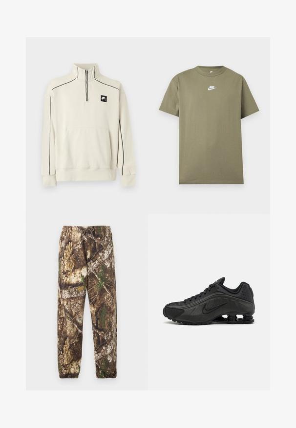 Lysebeige sweatshirt med halv lynlås krave, sort kontrastsyning og en frontlomme, med en sort Nike Air-logo på brystet.; Olivengrøn kortærmet Nike T-shirt med rund hals og hvidt logo på brystet på en ensfarvet lys grå baggrund.; Camo sweatpants med et brunt og grønt naturligt mønster, der har en elastisk talje med snore og elastiske manchetter ved anklerne.; Sorte løbesko med en glat syntetisk overdel, perforerede detaljer, teksturerede sidedele og en distinkt fjedrende sål.