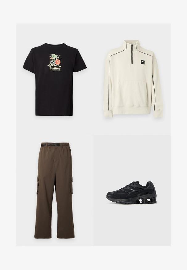 Lichtbeige sweatshirt met een halve ritssluiting bij de kraag, zwarte contraststiksels en een voorzak, met een zwart Nike Air-logo op de borst.; Zwarte katoenen t-shirt met een kleurrijke grafische print van een ananas en kersen, tekst luidt "Stance Community Run Club." Korte mouwen.; Bruine cargobroek met een losse pasvorm, elastische tailleband en twee zijzakken. Voorzien van een zwarte riem met patroon, gladde textuur.; Zwarte sportieve schoen met een bovenwerk van mesh, een gevoerde kraag en opvallende dempingstechnologie bij de hiel. Heeft gestructureerde accenten en veters.
