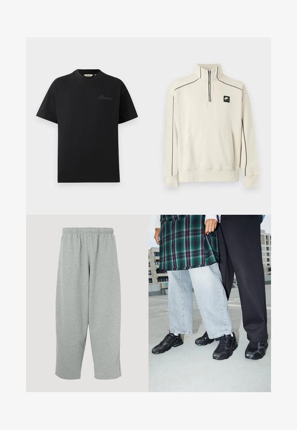 Lichtbeige sweatshirt met een halve ritssluiting bij de kraag, zwarte contraststiksels en een voorzak, met een zwart Nike Air-logo op de borst.; Zwart T-shirt van katoen met een standaard ronde hals en korte mouwen. Voorzien van een subtiel geperst logo op de borst.; Lichtgrijze joggingbroek met een elastische tailleband, taps toelopend ontwerp en zachte textuur. Geen zichtbare merklogo's of patronen.; Zwarte sportieve schoenen met mesh- en rubberaccenten. Draagt een lichtgrijze wijde spijkerbroek en een groen geruit shirt. Effen achtergrond.