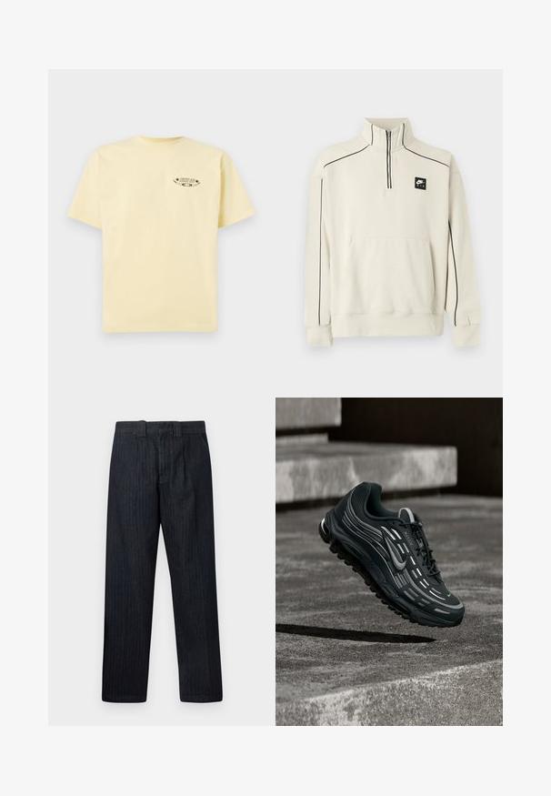 Svetlo béžová mikina s polovičným zipsom na golieri, čiernym akcentovým prešívaním a predným vreckom, na hrudi s čiernym logom Nike Air.; Žlté bavlnené tričko s krátkymi rukávmi a okrúhlym výstrihom, s potlačeným grafickým logom na ľavej hrudi.; Tmavomodré nohavice s rovnými nohavicami, vysokým pásom a pútkami na opasok, zobrazené na bielom pozadí.; Čierno-sivá teniska Nike Air Max vznášajúca sa nad sivými betónovými schodmi s textúrovaným pozadím zeme.