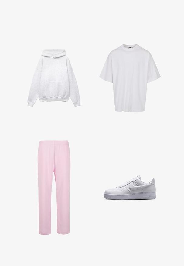 Sweatshirt à capuche gris, fabriqué en mélange de coton doux. Comprend une poche devant, des poignets et un ourlet côtelés. Coupe décontractée, sans motifs ni accents.; T-shirt en coton blanc avec un col rond et des manches courtes, présentant une coupe ample et des détails de couture subtils.; Pantalons de survêtement rose clair en coton doux. Dotés d'une taille élastique et d'une coupe droite et décontractée. Pas de poches visibles ni de motifs.; Baskets basses blanches Nike Air Force 1 avec fermeture à lacets et semelle texturée, vues de profil sur fond blanc.