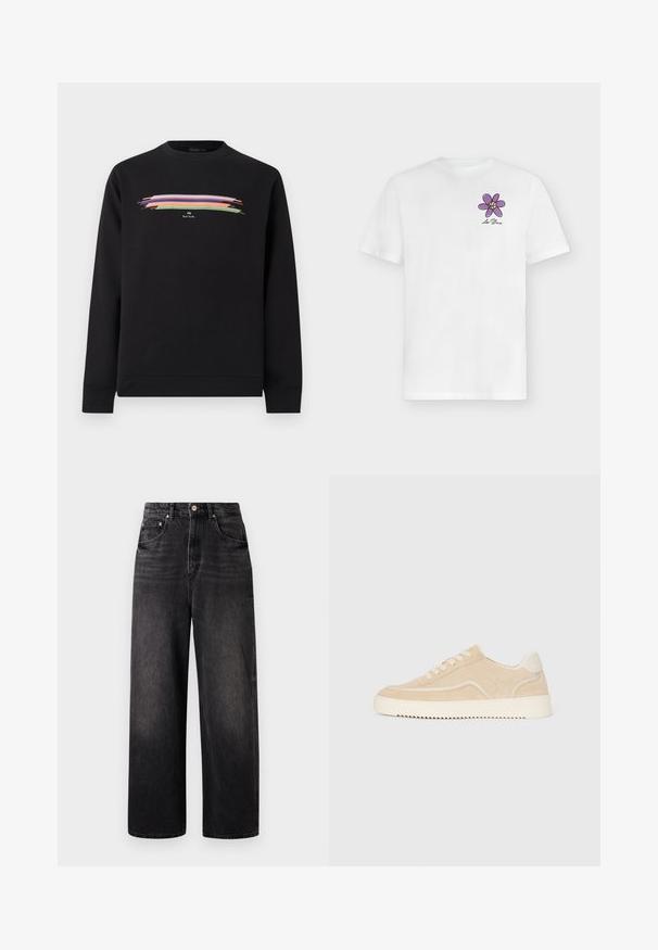 Sort langærmet crewneck-sweatshirt med farverigt vandret penselstrøgsmønster og lille hvid "PS Paul Smith"-logo i midten af brystet.; Hvid t-shirt med korte ærmer, med en lille lilla blomst og teksten "Les Deux" på venstre bryst.; Sorte denim jeans med løstsiddende pasform, høj talje, fem lommer og synlig knaplukning. Har diskret falmning og lige ben design.; Beige ruskinds sneakers med hvid sål og snørebånd, lavtop design og zigzag mønster på sålen.