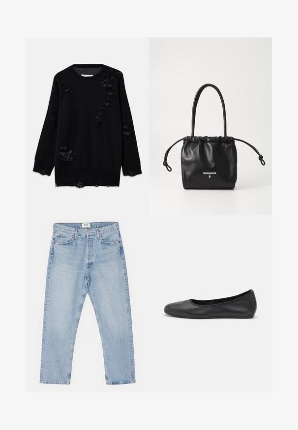 Sort sweater lavet af blødt stof med flere slidte områder, rundet halsudskæring og lange ærmer. Struktureret finish nær kanterne.; Lysblå denimjeans med en klassisk lige skåret ben, fem lommer og knaplukning, der har en subtil falmet effekt og en robust tekstur.; Sort læderballetsko med rund tå, glat tekstur, minimal syning og et fleksibelt såldesign.; Sorte læderhåndtaske med en blød, sammensnøret toplukning og lange skulderstropper. Har et logo i hvidt på fronten. Glat tekstur.