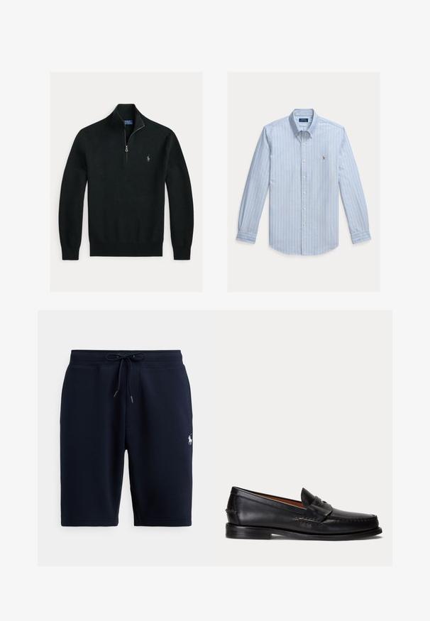 Pull en maille noir à manches longues avec une fermeture éclair quart de zip et un petit logo cheval brodé sur la poitrine gauche.; Chemise bleu clair à manches longues avec rayures verticales blanches et petit logo Polo Ralph Lauren brodé sur la poitrine.; Shorts de sport en coton bleu marine avec taille élastique, cordon de serrage et logo sur le côté gauche. Texture lisse, longueur au genou.; Mocassin en cuir noir avec un petit talon et une bride penny, vu de côté sur un fond gris clair.