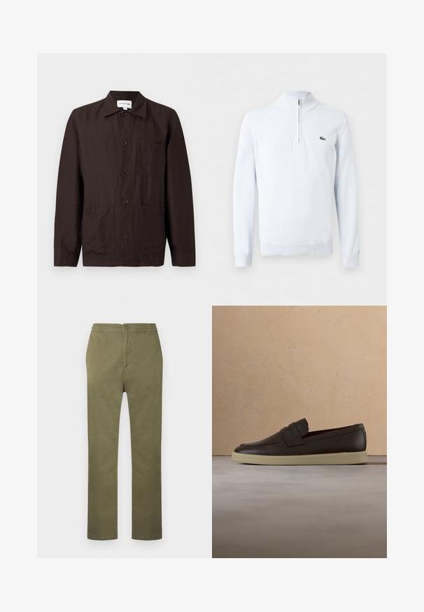 Pull en maille blanc à manches longues avec col à fermeture éclair partielle et petit logo crocodile vert sur le côté gauche de la poitrine.; Veste boutonnée marron foncé avec col, poche poitrine et deux poches inférieures à l'avant sur un fond uni clair.; Pantalon en coton léger de couleur vert olive avec une taille élastiquée, une fermeture à boutons, et une coupe droite. Pas de motifs ou accents visibles.; Mocassin en cuir marron foncé avec semelle crème flottant au-dessus d'un tapis beige texturé, table ronde en bois et piles de livres en arrière-plan.