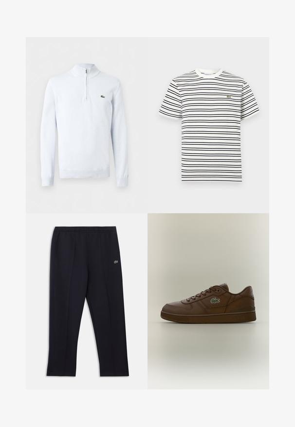 Pull en maille blanc à manches longues avec col à fermeture éclair partielle et petit logo crocodile vert sur le côté gauche de la poitrine.; T-shirt blanc à manches courtes avec des rayures horizontales noires et un petit logo de crocodile vert sur le côté gauche de la poitrine.; Pantalon de sport noir avec poches latérales, ceinture élastique, fines bandes latérales et petit logo crocodile vert sur la hanche droite.; Baskets basses en cuir marron avec un design à lacets et un logo crocodile vert sur le côté, présentées sur un fond neutre uni.