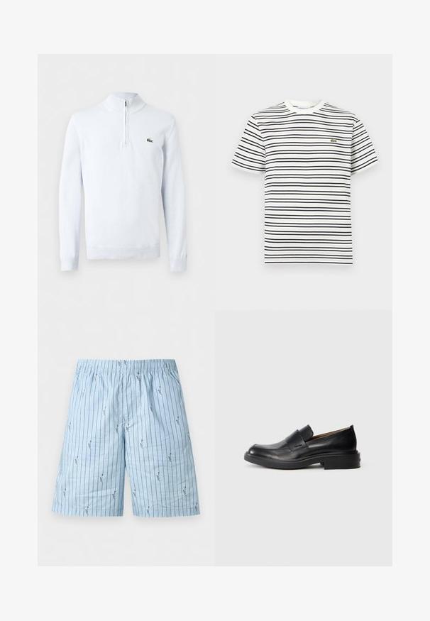 Pull en maille blanc à manches longues avec col à fermeture éclair partielle et petit logo crocodile vert sur le côté gauche de la poitrine.; T-shirt blanc à manches courtes avec des rayures horizontales noires et un petit logo de crocodile vert sur le côté gauche de la poitrine.; Shorts pour hommes bleu clair avec fines rayures verticales noires et petites formes abstraites noires, dotés d'une ceinture élastique.; Chaussure habillée noire en cuir, à enfiler, avec un petit talon et un logo Calvin Klein discret sur le côté, présentée de profil sur un fond blanc.