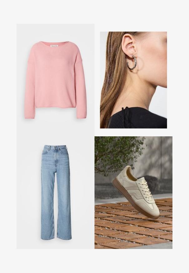 Lyserød sweater med løs pasform, ribbet tekstur, bred halsudskæring og lange ærmer. Minimalistisk design uden ekstra pynt.; Lyseblå højtskårne jeans med lige ben, lavet af denim, med frontknaplukning og diskrete falmede detaljer.; Sneakers i cremefarve med en struktureret beige gummisål, snøredesign og diskret brand på siden. Overdel i glat læder.; Sølv hoop ørestik med en poleret overflade, prydet med små guld accenter og en rund form, båret på øreflippen.