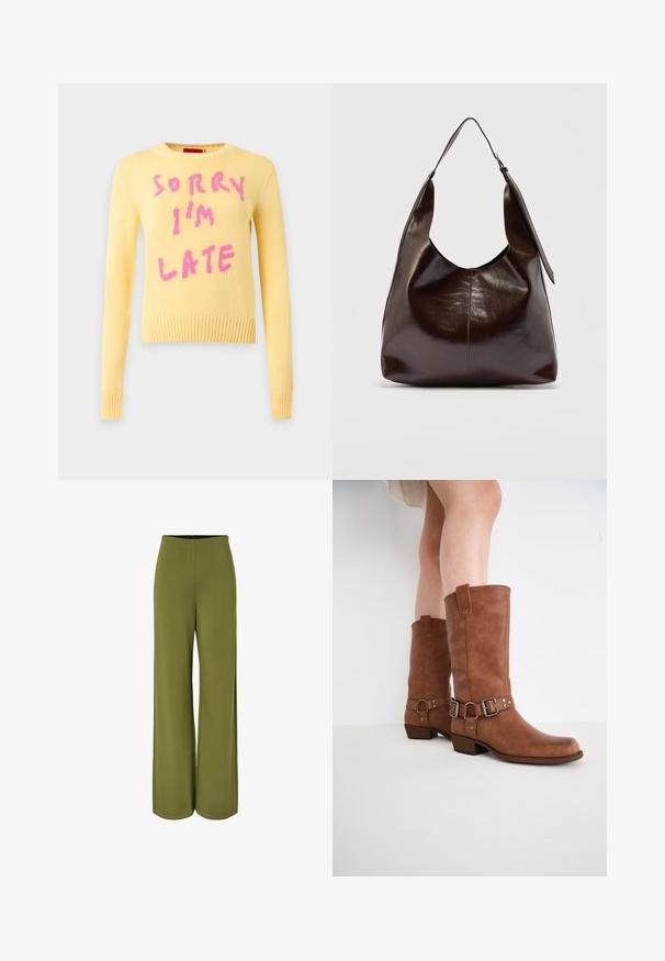 MAX&Co. Pullover - giallo/rosa; Pantalon large vert olive avec une taille haute et un tissu lisse et fluide, présenté sur fond blanc.; Bottines en cuir marron avec un bout légèrement pointu, des boucles décoratives et un talon bas empilé. Texture lisse avec une finition mate.; Sac à bandoulière en cuir marron foncé brillant avec une seule large sangle et un détail de boucle sur un côté, posé sur un fond clair uni.