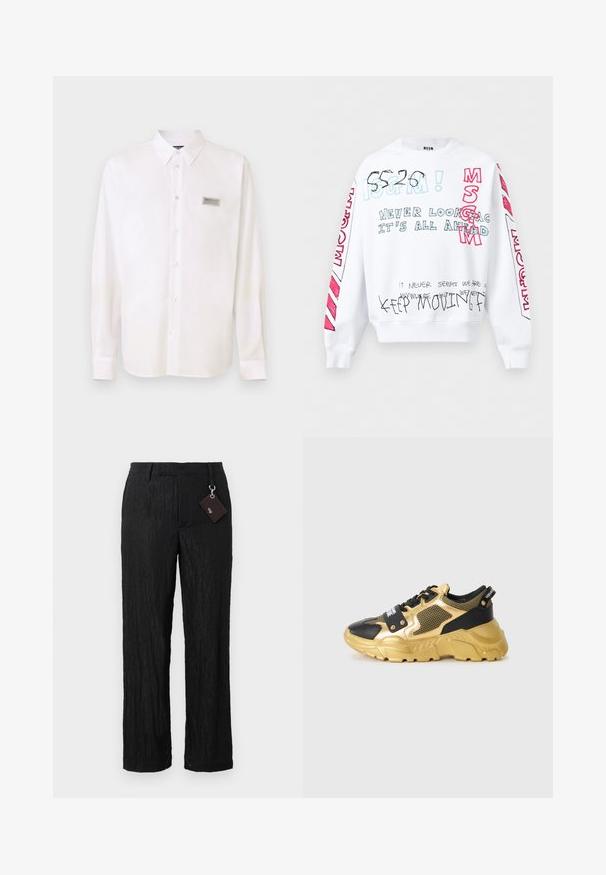 Sweatshirt blanc à manches longues avec texte manuscrit multicolore comprenant "MSGM", "Ne regarde jamais en arrière, tout est devant" et "Continue à avancer".; Chemise blanche à manches longues en tissu lisse, dotée d'un devant boutonné, d'un col pointu et d'une petite étiquette de logo sur la poitrine gauche.; Pantalons larges en noir texturé, avec une finition lisse et des coutures visibles ; comprend une étiquette attachée par une boucle en métal argenté.; Baskets noires et dorées avec un dessus en maille, une semelle épaisse et des accessoires décoratifs. Présente un patch logo bien en évidence au niveau du laçage.