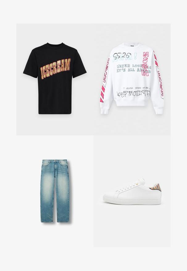 Witte sweatshirt met lange mouwen met meerkleurige handgeschreven tekst, waaronder "MSGM," "Kijk nooit terug, alles ligt voor je," en "Blijf vooruitgaan."; Zwarte katoenen t-shirt met een grote, gedurfde "ICECREAM" grafiek in geel en rood, met een tekstuur en patroonontwerp op de letters.; Lichtblauwe denim jeans met rechte pijpen, vervaagde dijbeenzones, voorzakken, riemlussen en knoopsluiting.; Witte leren sneaker met een gladde afwerking, voorzien van een kleurrijke gestreepte accent op de hiel, gouden oogjes en een vlakke witte zool.