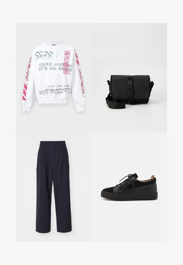Weißes Sweatshirt mit langen Ärmeln und mehrfarbigem handgeschriebenem Text, darunter "MSGM", "Schau niemals zurück, alles liegt vor dir" und "Mach weiter vorwärts".; Marine Cargo-Hosen mit blauer Nähte, elastischem Bund, zwei Seitentaschen, geradem Beinanschnitt und weichem Stoffgefühl.; Giuseppe Zanotti DOUBLE ZIP - Sneaker low - black; Schwarze Nylon-Crossbody-Tasche mit Klappe, ausgestattet mit einem auffälligen Logo-Gurtverschluss, verstellbarem Tragegurt und seitlichen Steppnähten.