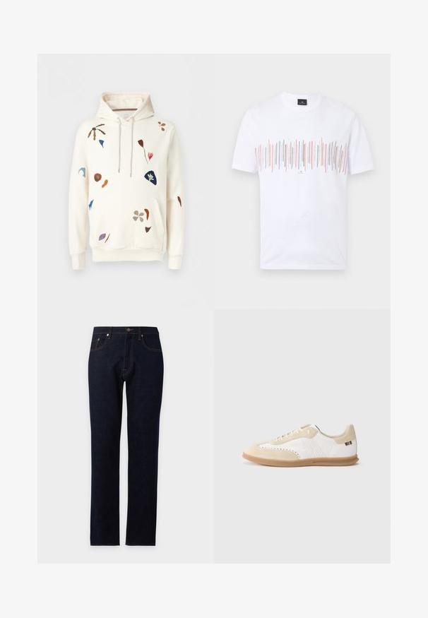 Sweat à capuche couleur crème avec cordons de serrage, orné de broderies abstraites florales et de feuilles multicolores dispersées.; T-shirt blanc à manches courtes avec des lignes verticales multicolores sur la poitrine et une petite étiquette noire au niveau de l'encolure.; Jean bleu foncé à jambe droite avec bouton devant, fermeture éclair et design cinq poches sur un fond uni clair.; Baskets blanches avec accents en daim beige clair, détails perforés, lacets plats et semelle en caoutchouc naturel. Présentent un logo rayé sur le talon.