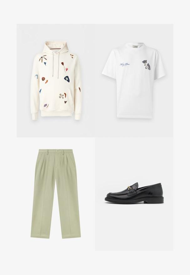 Sweat à capuche couleur crème avec cordons de serrage, orné de broderies abstraites florales et de feuilles multicolores dispersées.; T-shirt blanc à col rond avec texte bleu "Filling Pieces" et graphique décoratif d'une assiette cassée sur la partie supérieure de la poitrine.; Pantalon beige clair à jambes droites avec passants de ceinture, plis devant, poches latérales et fermeture par bouton à la taille.; Mocassins en cuir noir avec un embout rond, présentant des accents en métal doré et des détails de couture, montés sur une semelle en caoutchouc texturé et basse.