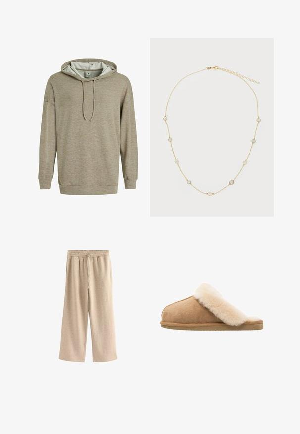 Sudadera de un beige claro con una textura suave, que presenta un diseño bicolor, capucha con cordón y mangas largas. Puños y dobladillo acanalados.; Pantalones de pierna ancha color crema, hechos de una suave mezcla de algodón. Presentan una cintura elástica con cordón y una sutil textura moteada.; Zapatilla de ante de color beige, con un suave forro de piel de oveja crema. Cuenta con una suela de goma plana y texturizada para mayor agarre.; Collar de cadena de oro con pequeños acentos circulares que presentan piedras blancas y semitransparentes, distribuidas uniformemente a lo largo de la longitud. Cierre de langosta.