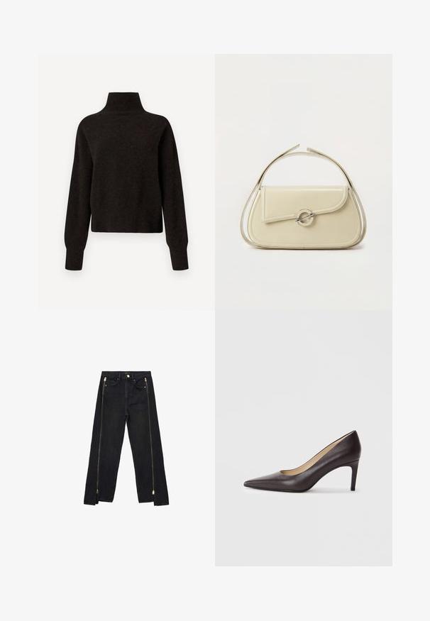Sort højhalset sweater med lange ærmer og ribbede manchetter og kant, præsenteret på en hvid baggrund.; Sorte denimjeans med lige ben-design, der har guld lynlåse langs siderne og almindelige lommer ved taljen.; Brun læderhøjhælet sko med spids snude og en slank hæl på 7 cm, glat tekstur og minimalistisk design. Ingen synlige pynt.; Cremefarvet læderhåndtaske med buet klap, cirkulært sølvspænde og kort topstrop på en ens hvid baggrund.