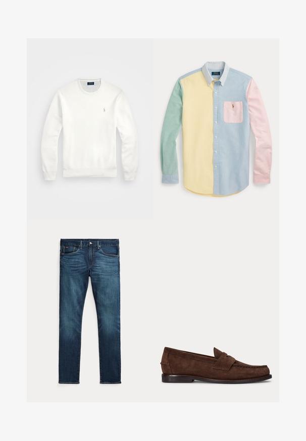 Hvid sweatshirt lavet af bomuldsblanding, med rund hals, lange ærmer og et lille broderet logo på venstre bryst.; Skjorte med lange ærmer og knapper med color-block design i pastelgul, grøn, blå og pink med en stribet krave og brystlomme med logo.; Mørkeblå slim-fit jeans med frontknap og lynlås, fem lommer og subtil falmen på forreste lår og knæ.; Brun ruskind penny loafer med lav hæl og synlig syning langs tåen, siden og bagpå, vist på ensartet lys baggrund.