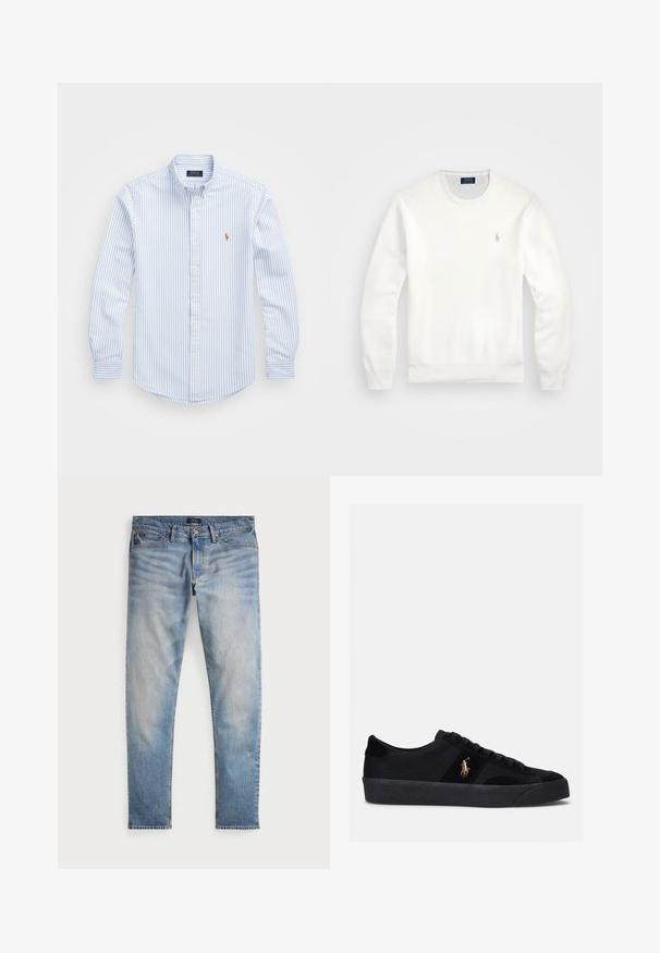 Weißer Sweatshirt aus Baumwollmischung mit Rundhalsausschnitt, langen Ärmeln und kleinem besticktem Logo auf der linken Brust.; Hellblau und weiß gestreiftes Button-up-Hemd mit Kragen, langen Ärmeln und einem kleinen gestickten Logo auf der Brust. Aus Baumwollmaterial.; Helle blaue Denim-Jeans mit einem ausgewaschenen Finish, Fünf-Taschen-Design und kontrastierenden Nähten. Mit Reißverschluss und Gürtelschlaufen. Gerade geschnitten.; Schwarze Sneakers mit einem Obermaterial aus Stoff und Wildleder, runder Zehenpartie, flacher Gummisohle und gesticktem Logo an der Seite. Schnürdesign mit sechs Ösen.