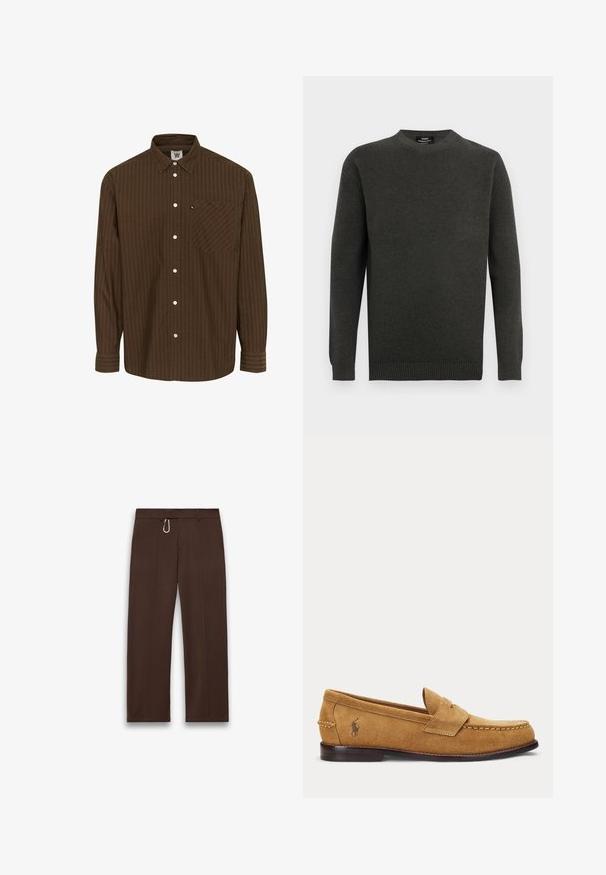 Mørkegrå ribstrikket sweater med lange ærmer og rund halsudskæring, vist fladt mod en lys baggrund.; Brunstribet skjorte med knaplukning, krave, lange ærmer og en brystlomme; har hvide knapper og et tekstureret stof.; Mørkebrune bukser med lige ben, bæltestropper og en lille sølvfarvet karabinhage fastgjort til taljebåndet.; Lysebrun ruskind loafer med syede detaljer og lille broderet hestelogo på siden, med lav træhæl og slip-on design.