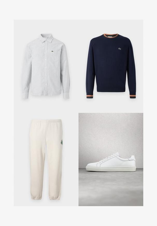 Navyblauwe trui met een ronde hals, ribgebreide manchetten met groene, oranje en witte strepen, en een klein geborduurd logo op de borst.; Gestreepte overhemden in lichtblauw en wit. Katoenen stof, lange mouwen, puntige kraag, met een klein groen logo op de borstzak.; Lichtbeige sweatpants van katoen, met een elastische tailleband, geribde boorden en een groen logo met een bladerenontwerp op het linkerpand.; Witte sneaker met een gladlederen bovenwerk en een laag profiel. Voorzien van een ronde neus, zes vetergaatjes en een gestructureerde rubberen zool.