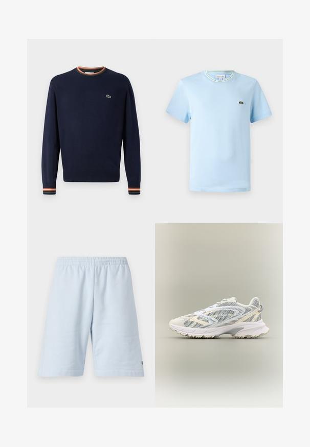 Suéter azul marino con cuello redondo, puños acanalados con rayas verdes, naranjas y blancas, y un pequeño logo bordado en el pecho.; Camiseta de algodón azul claro con mangas cortas, cuello redondo con un ribete de rayas verdes y blancas, y un pequeño logo bordado en el pecho.; Pantalones cortos de algodón azul claro con cinturilla elástica. Presenta un diseño simple y sólido con dobladillo abierto. Acento del logo en el dobladillo inferior.; Zapatilla deportiva blanca con paneles de malla gris, superposiciones texturizadas, un collar acolchado y una suela de goma con pequeños picos de tracción.
