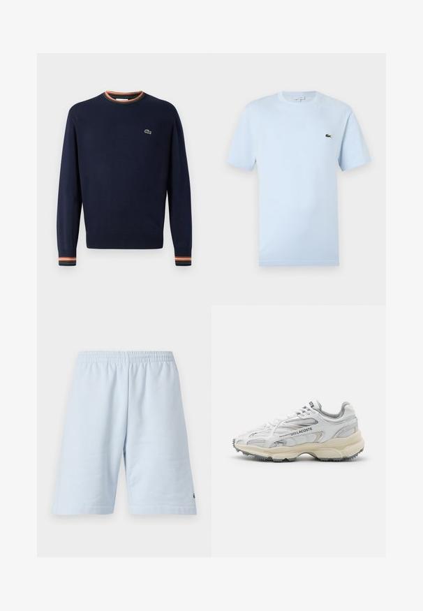 Navyblauwe trui met een ronde hals, ribgebreide manchetten met groene, oranje en witte strepen, en een klein geborduurd logo op de borst.; Lichtblauw T-shirt met korte mouwen, gemaakt van zacht katoen. Heeft een klein groen geborduurd krokodillenlogo op de borst.; Lichtblauwe katoenen shorts met een elastische tailleband. Beschikt over een eenvoudig, effen ontwerp en open zoom. Logoaccent aan de onderzoom.; Witte sportieve schoenen met grijze accenten, bovenwerk van mesh en synthetisch materiaal, vetersluiting en een geprofileerde rubberen zool met looppatronen.