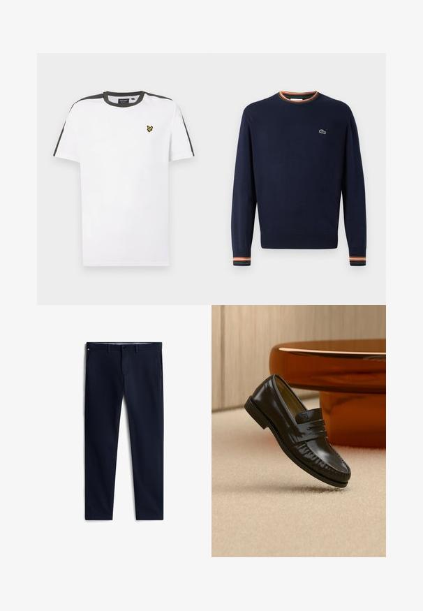 Navyblauwe trui met een ronde hals, ribgebreide manchetten met groene, oranje en witte strepen, en een klein geborduurd logo op de borst.; Witte katoenen T-shirt met een ronde hals, zwarte schouderaccenten en een klein geel logo op de linkerkant van de borst. Korte mouwen.; Marineblauwe smalle herenbroek met knoopsluiting, riemlussen en voorzakken, afgebeeld op een witte achtergrond.; Glanzende zwarte leren loafer met een banddetail, geplaatst op een beige tapijt naast een ronde bruine salontafel in een zacht verlichte kamer.