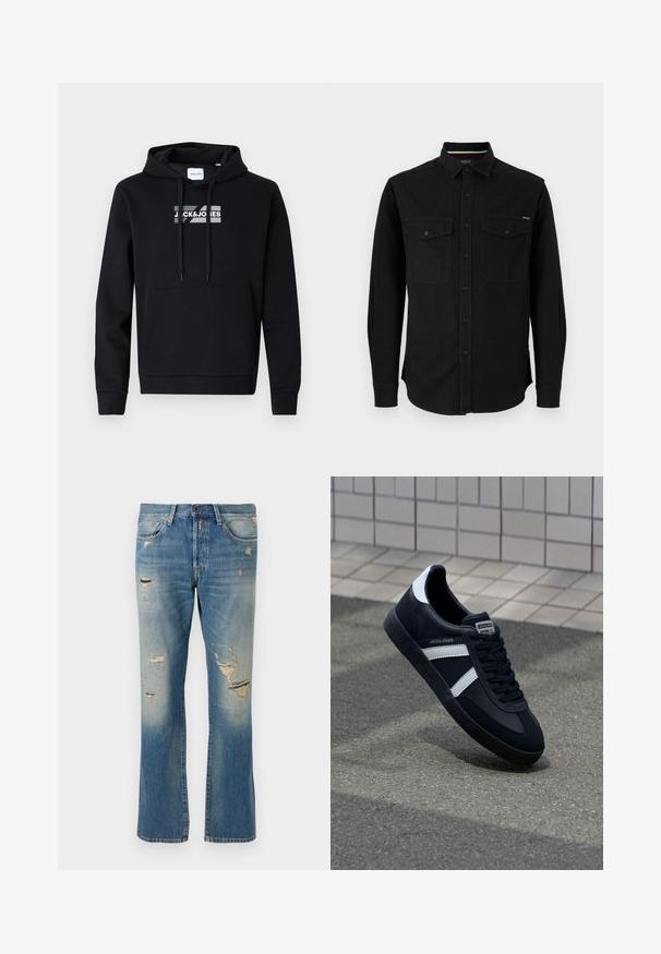 Sort hættetrøje lavet af blødt stof, med en frontlomme i kengurustil og et trykt logo over brystet. Lange ærmer med ribbet manchet.; Replay SHIRT - Skjorter - black; Lyseblå denimjeans med afslappet pasform, der har slidte detaljer og frynset lapper, med standard fem-lomme-design og knaplukning.; Sort lædersneaker med hvide striber, tekstureret gummisål og snørrebånd foran. Har et brandet mærke på tungen.