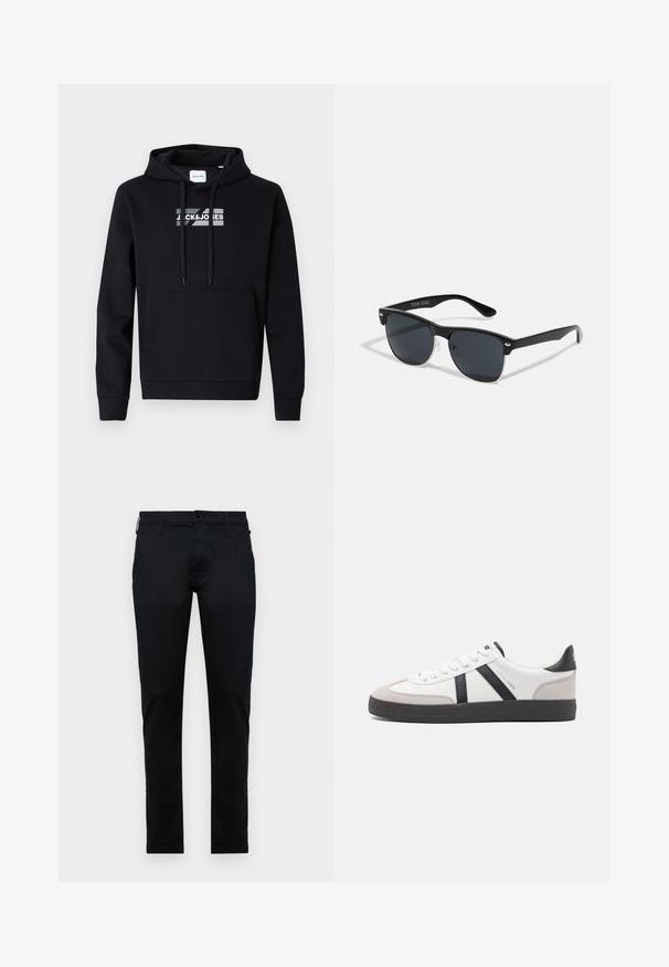 Sudadera con capucha negra de tela suave, con un bolsillo tipo canguro en la parte frontal y un logo impreso en el pecho. Mangas largas con puños acanalados.; Pantalones de tejido negro, diseño ajustado, con bolsillos estándar, cierre delantero con botón y costuras en contraste. Textura suave, sin patrones.; Zapatilla blanca con acentos en negro y gris, que presenta una puntera texturizada en gris, suela de goma negra y cordones planos blancos. Diseño limpio, estilo minimalista.; Gafas de sol negras con forma rectangular, lentes oscuros, detalles plateados en las patillas y un acabado mate en la montura.