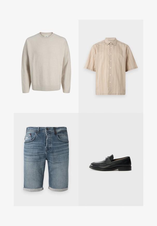 Pull beige à manches longues avec col ras du cou, col, poignets et ourlet côtelés, présenté sur un fond blanc uni.; Chemise beige à manches courtes avec boutons, fines rayures verticales noires et col classique sur fond uni.; Shorts en denim bleu avec revers roulés, fermeture avant à boutons, et cinq poches dont une petite poche à monnaie sur le côté droit.; Mocassins en cuir noir avec une finition lisse, dotés d'une bande supérieure texturée, d'un talon bas et de détails de couture minimalistes.