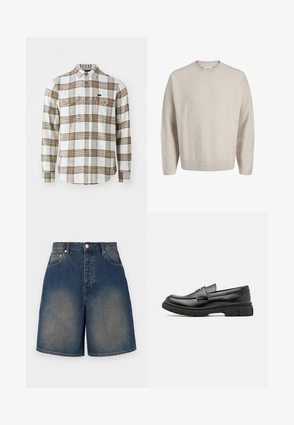 Beige trui met lange mouwen, ronde hals en geribbelde kraag, manchetten en zoom, weergegeven op een effen witte achtergrond.; Lee CLEAN WESTERN - Overhemd - ecru ochre plaid; Jeanshort in middelblauw met een vervaagde wassing. Heeft een hoge taille, vijf zakken en een rechte pasvorm. Met metalen knoopsluiting.; Zwarte leren instapper met een brede band over de voet, rubberen zool met dikke noppen en een gladde textuur. Klassiek, strak ontwerp.