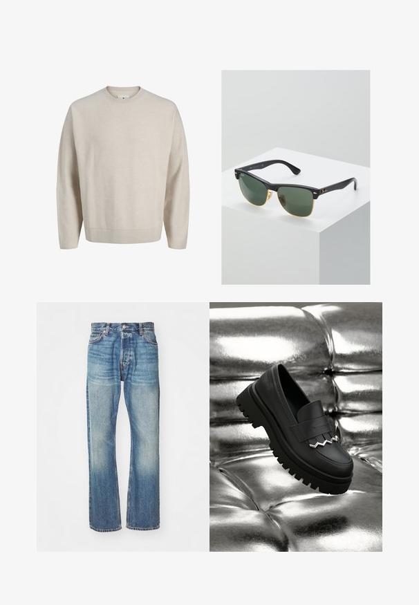 Jersey beige de manga larga con cuello redondo, cuello, puños y dobladillo acanalados, mostrado sobre un fondo blanco liso.; Jeans de mezclilla azul claro con un diseño clásico de pierna recta, acabado desgastado y costuras visibles en toda su extensión. Presenta bolsillos frontales y trabillas para cinturón.; Mocasín de cuero negro con suela gruesa y texturizada. Presenta un adorno decorativo plateado en forma de zigzag en el frente. Colocado sobre un fondo plateado brillante.; Gafas de sol Ray-Ban con lentes verdes, montura de plástico negro y acentos dorados en los bordes. Forma cuadrada con acabado mate.