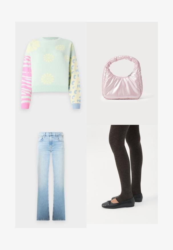 Pull court bleu clair avec des imprimés de fleurs jaunes sur le devant, des rayures zébrées roses et blanches sur la manche gauche, des taches de léopard bleues sur la manche droite.; Jeans évasés en denim bleu clair avec une décoloration progressive, design à cinq poches et fermeture à bouton à la taille. Texture lisse et lignes épurées.; Jambes portant des leggings côtelés foncés associés à des ballerines noires avec de petits détails en nœud sur fond blanc.; Sac à main rose rembourré avec un design arrondi, fabriqué à partir d'un matériau brillant. Dispose d'une poignée froncée et d'une fermeture éclair pour un accès sécurisé.
